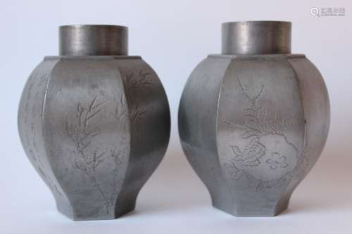 Pair of Chinese Engraved Pewter Tea Caddy