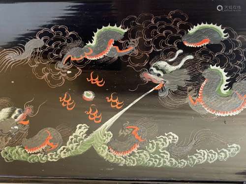 Antique Chinese black lacquer tray / plate (5) Claw Dragon H...