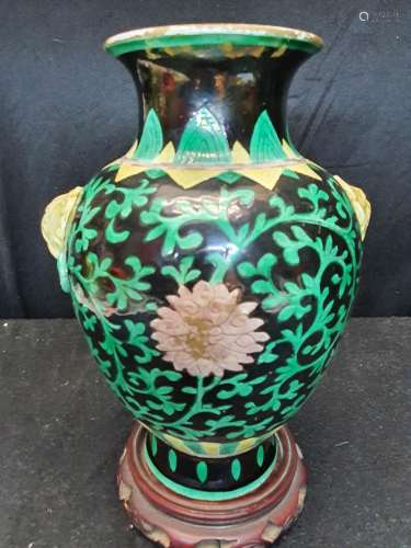 KANXI Black Ground Green Glazed Golden Elephant Ear Vase h 8...