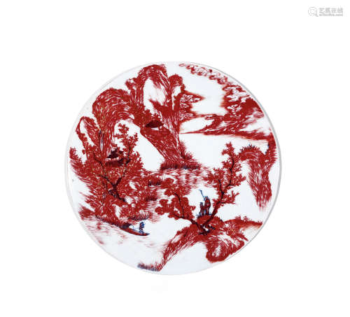清中期 青花釉里红山水人物图瓷板
