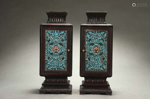 A Pair Red Sandalwood CONG-shaped Vases with Cloisonne Ename...