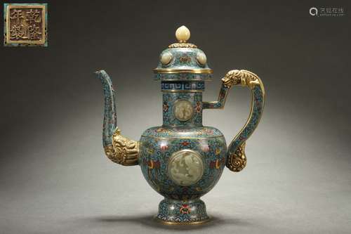 Cloisonne Ewer with Jade Inlaid, Qianlong Reign Period, Qing...