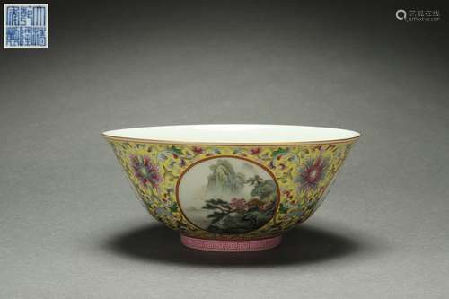 Famille Rose Bowl with Landscape Design on A Yellow Ground, ...