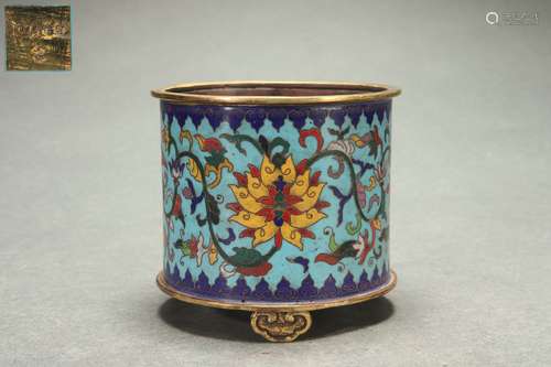 Cloisonne Cylinder-shaped Censer with Ruyi-shaped Legs, Qian...