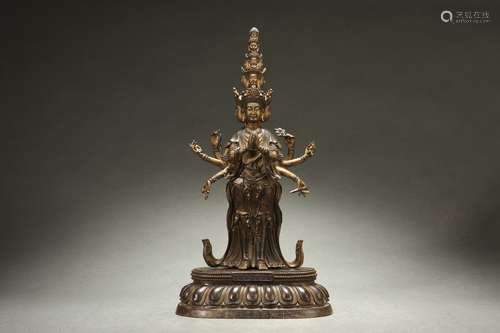 Bronze Statue of Avalokitesvara with Eleven Heads and Golden...