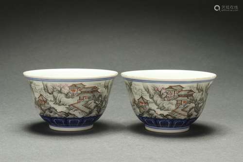 A Pair Ink Colored Bowls with Landscape Design