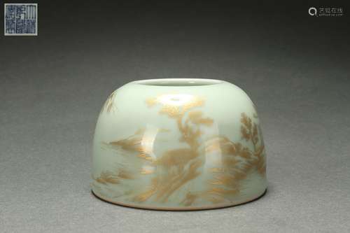 Yellowish Pea Green Glazed Water Container with Gold Outlini...