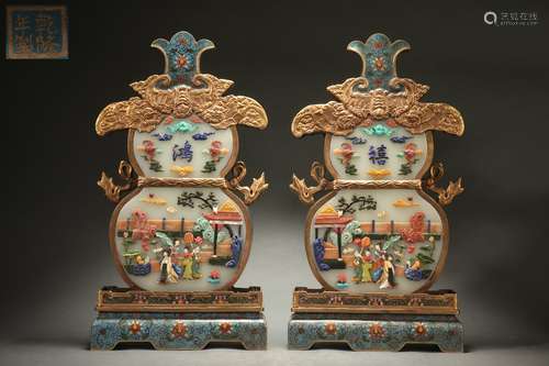 A Pair Cloisonne Decorations with Gems Inlaid Design, Qianlo...