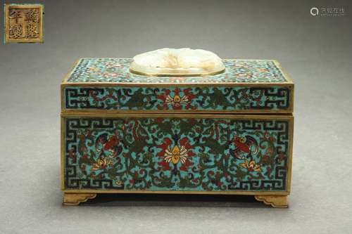 Cloisonne Square Box with Jade Inlaid Design, Qianlong Reign...