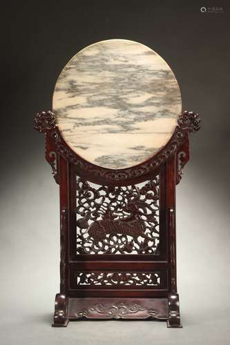 Huanghuali Wood Marble Table Screen with Hollow-out Carved D...