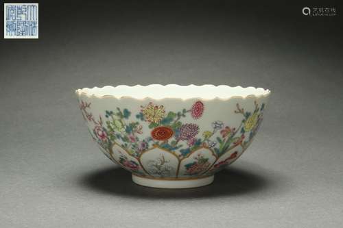 Famille Rose Bowl with Floral Patterns and Foliated Rim Desi...