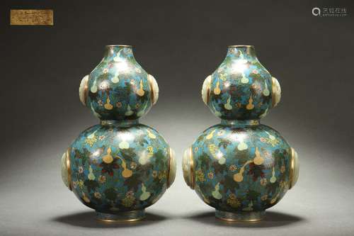 A Pair Cloisonne Gourd-shaped Vases with Jade Inlaid Design,...