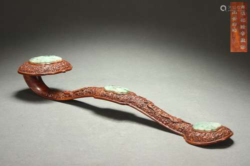 Chinese Huanghuali Wood Ruyi with Jadeite Inlaid, Qianlong R...