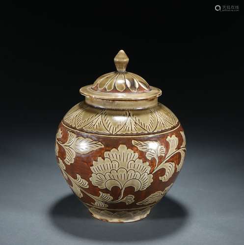 Brown Glazed Carved Lid Jar