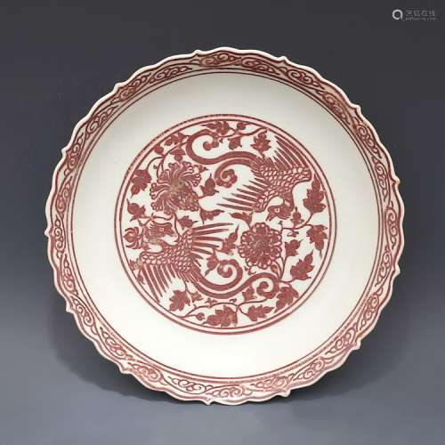 Ming glaze red double phoenix pattern, ribbed plate,