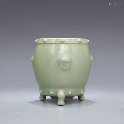 Song Dynasty Longquan Kiln Plum Green Three-legged Drum Nail...