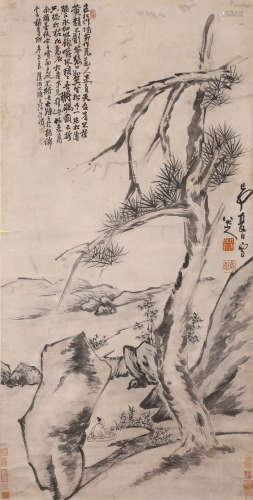 八大山人 枯木高士（石濤題跋） 水墨紙本立軸