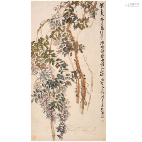 Li Kuchan (1899-1983),Wisteria,ink and color on silk,size 13...