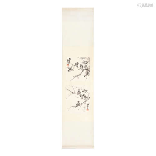 Huang Zhou (1925-1997).Sparrows,hanging scroll,size 103.5cm*...