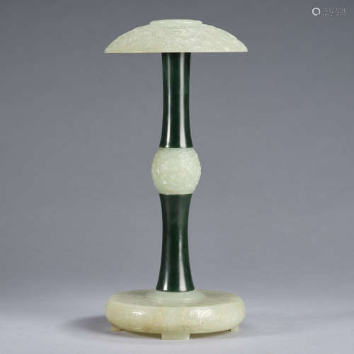 An imperial spinach-green jade inlaid with white jade hat st...
