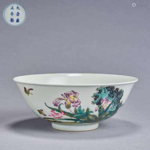 A famille-rose 'floral,butterlies and poem' bowl, Qing dynas...