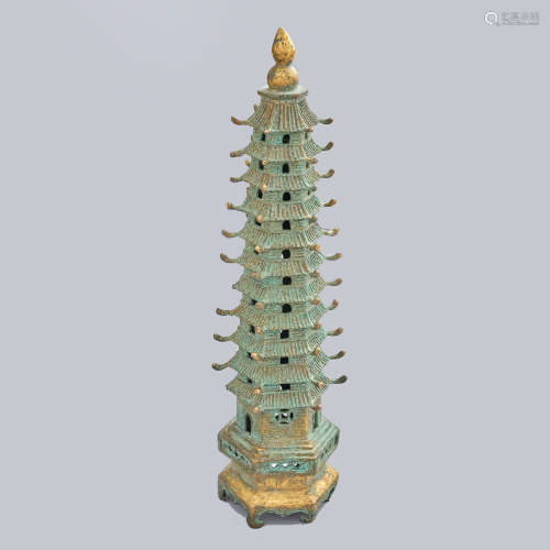 A gilt-bronze Wenchang Pagoda,Qing Dynasty