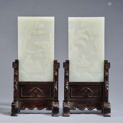 A pair of white jade ' figures' table screen, Qing dynasty