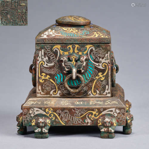 A gilt, silvered and turquoise-inlaid bronze seal and box, W...