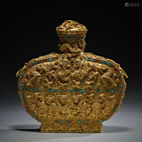 A turquoise inlaid gold pot,Liao dynasty