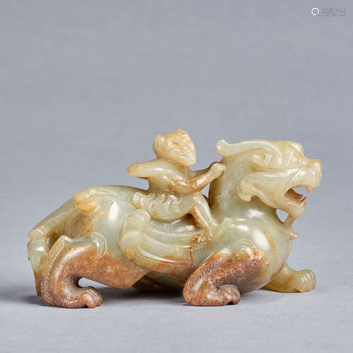 A jade 'immortal riding mythical animal' group, Qing dynasty
