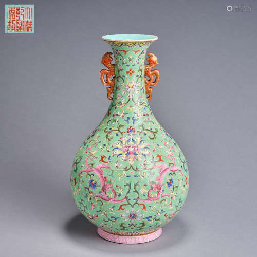 A famille-rose green ground 'lotus' vase,Qing dynasty,  mark...