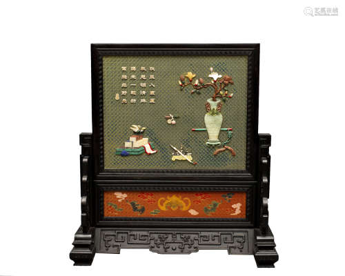 A mother-of-pearl and hardstone inlaid zitan screen, Qing dy...
