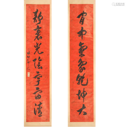 Xu Shichang (1855-1939).A large pair of couplet hanging scro...
