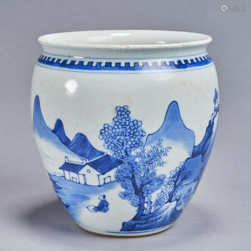 A small blue and white 'figural' vat, Qing dynasty