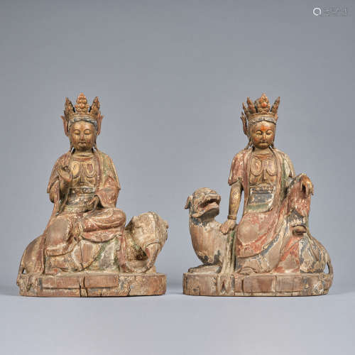 A pair of wood Bodhisattva Manjusri statue and Samantabhadra...