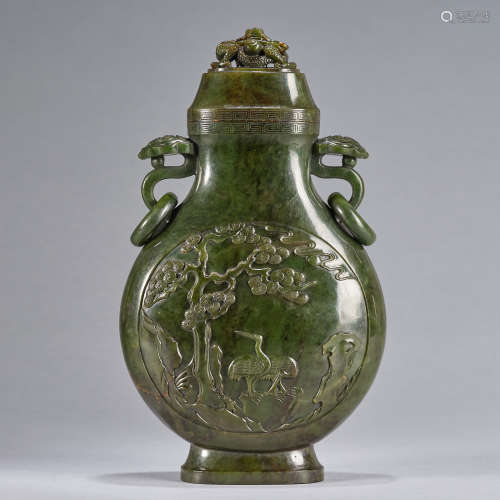A large spinach-green jade 'ruyi'-handled 'deer and red-crow...
