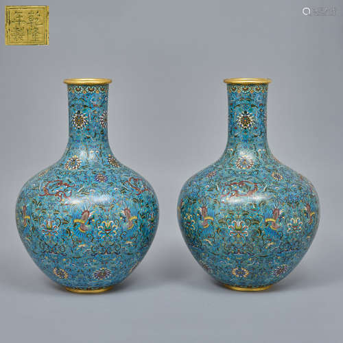 A large pair of cloisonné enamel 'dragon and phoenix' vase (...