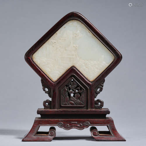 A white jade 'landscape and poem' table screen,Qing dynasty