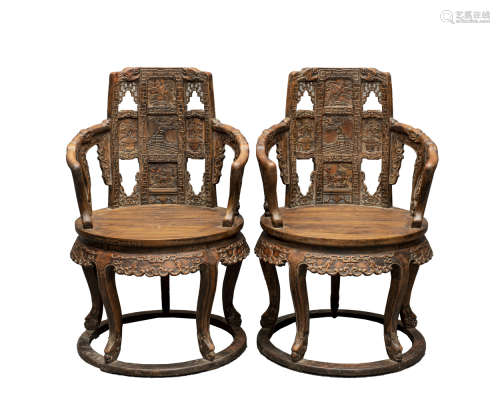 A pair of 'huanghuali' old-fashioned wooden armchairs,Qing d...