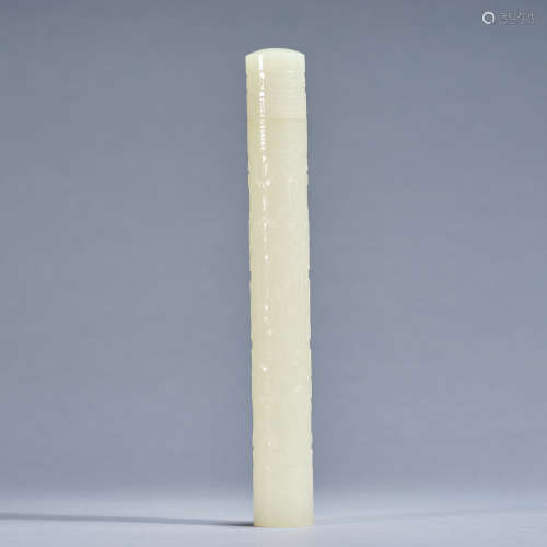 A finely carved jade 'joss sticks tube' with cover,Qing dyna...