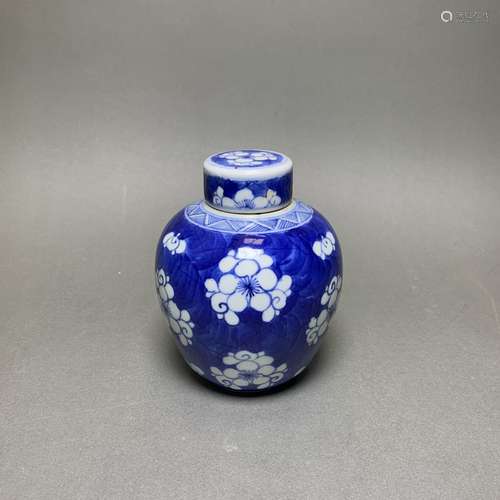 A BLUE AND WHITE 'PRUNUS' JAR WITH COVER, 18TH CENTURY