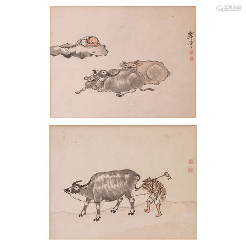 LOT OF 2, CHINESE PAINTING OF 'FARMER WITH OXEN'