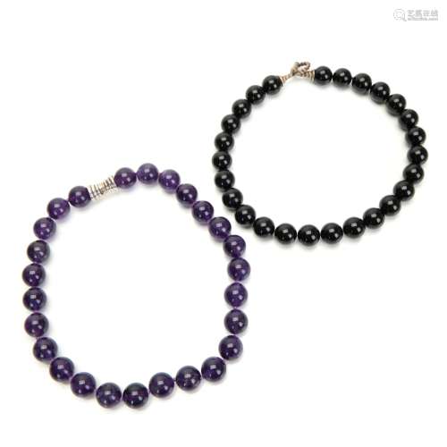TWO AMATHYST AND ONYX BEAD NECKLACE