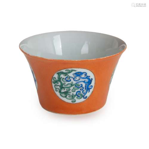 CHINESE CORAL GLAZE PORCELAIN DRAGON CUP