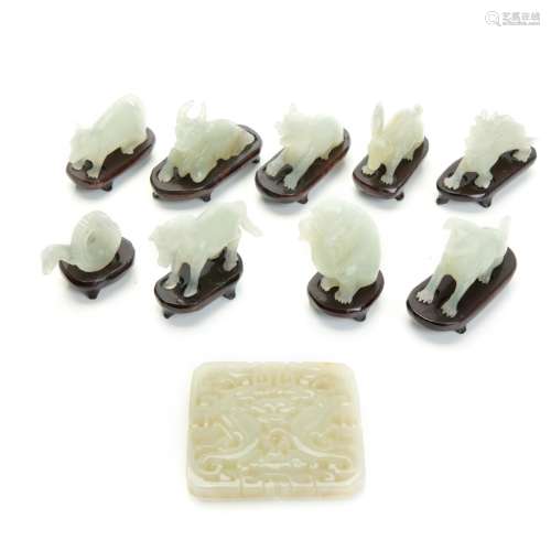 GROUP OF 9 CHINESE ZODIAC JADE FIGURES WITH TOGGLE
