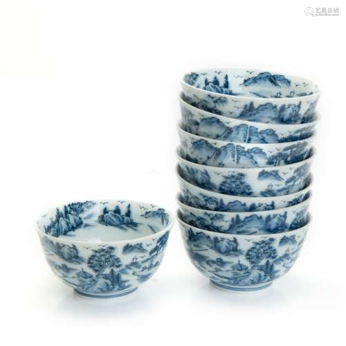 SET OF 8  BLUE AND WHITE PORCELAIN CUPS