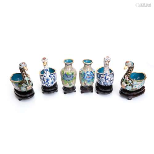 GROUP OF 6 CHINESE CLOISONNE DUCK AND VASES