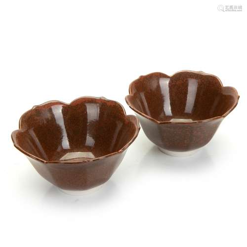 PAIR OF TEA GLAZE LOTUS SHAPED CUPS