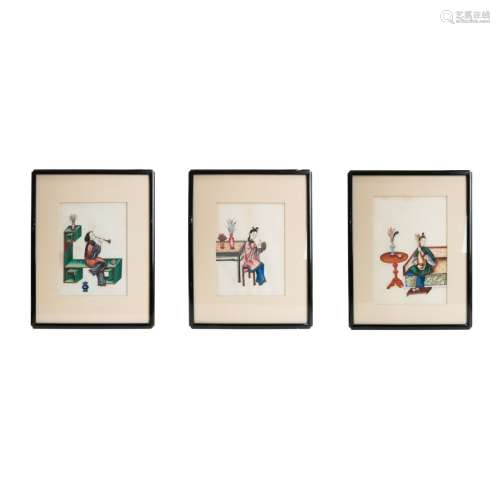 SET OF THREE CHINESE RICE PAPER PAINTINGS