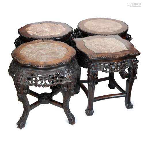 FOUR CHINESE ROSEWOOD MARBLE INSET TABLES